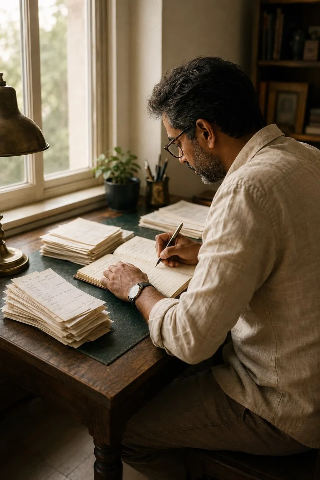 A bookkeeper working at a wooden desk beside a window, writing in a paper ledger with a stack of receipts and a brass lamp at hand.