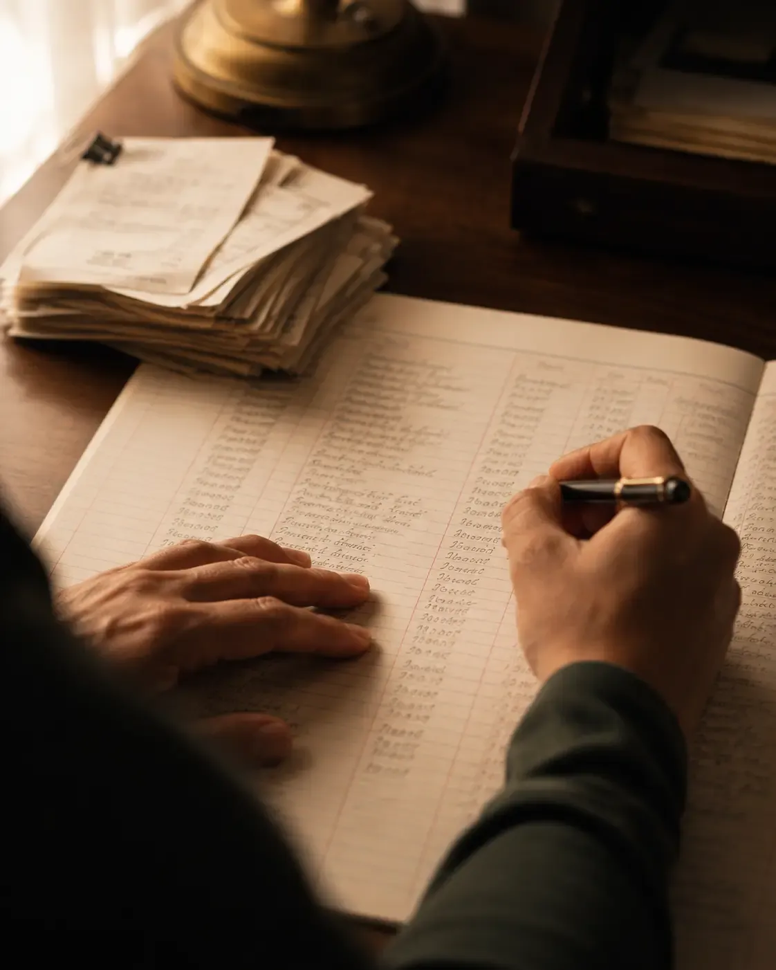 A thick clip of unfiled paper receipts beside a ruled ledger open at a long handwritten column, worked by lamplight on a dark wooden desk.