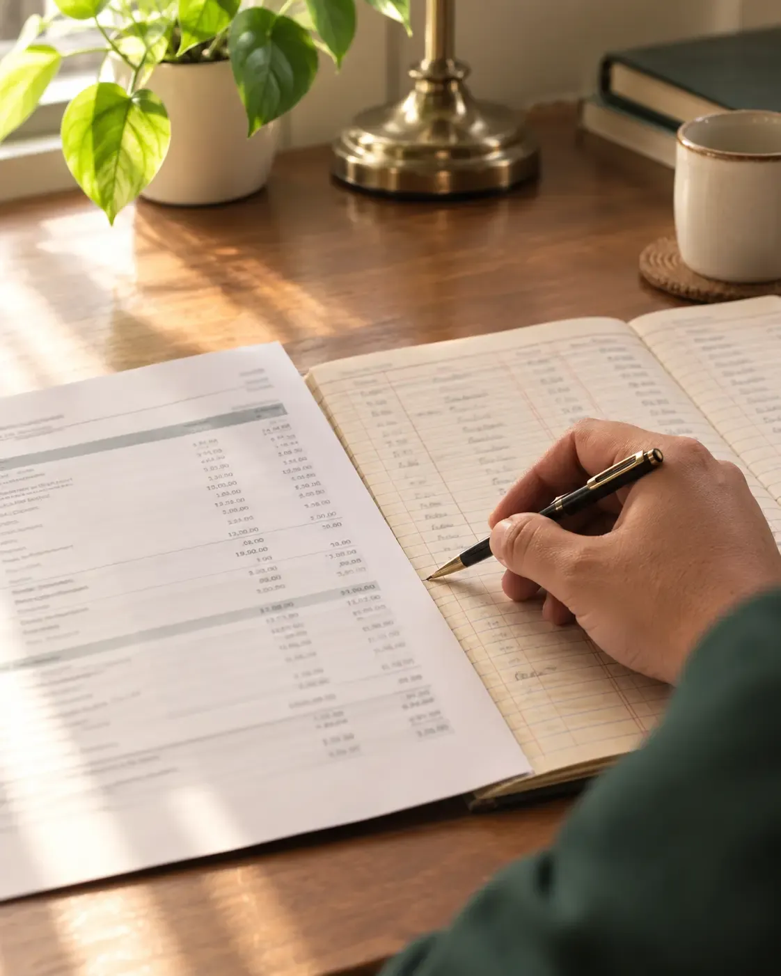 A bank statement laid open beside a ruled paper ledger on a wooden desk in window light, a hand resting a pen against one line as the two are compared.