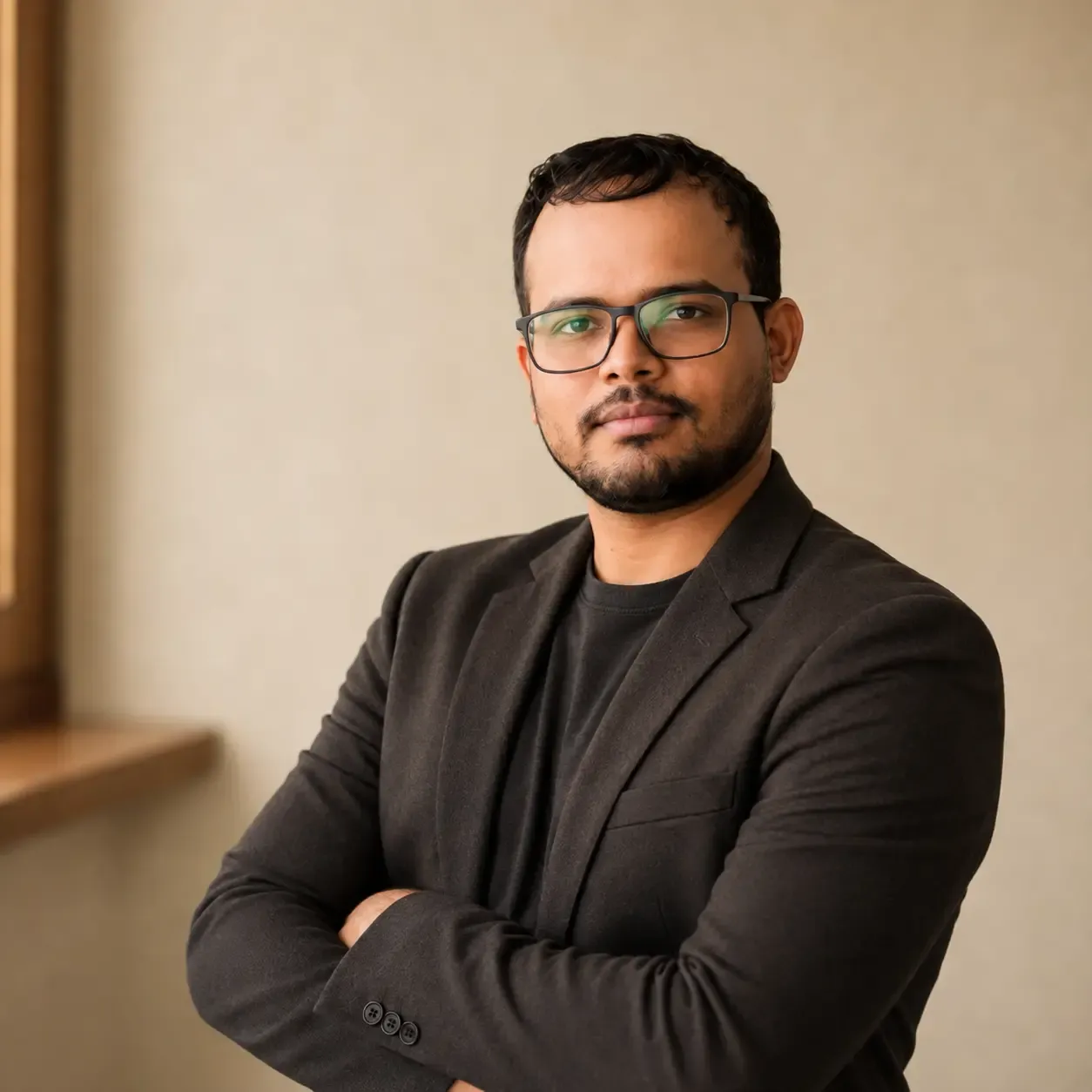 Omkar Moraye, who does the bookkeeping work at Ledgerbrook, arms folded in a dark jacket, standing beside a window in a plain office.